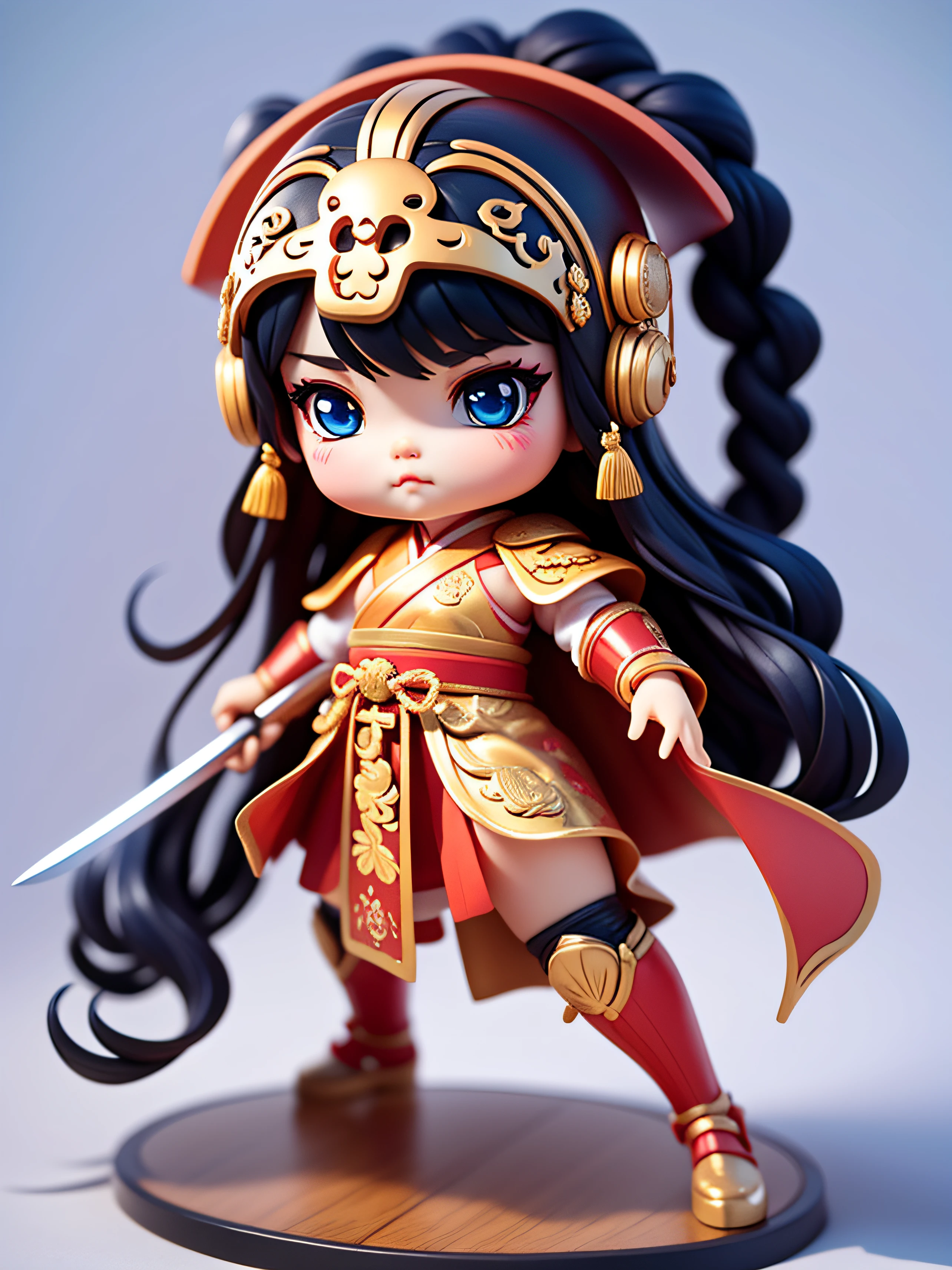 Create a collection of adorable chibi style dolls with a cute street theme, Each features tons of detail and 8K resolution. White clean background, tmasterpiece、top-quality、ultra - detailed、 3D big head figure toy man, Big Head Nendoroid 3D,， A big-headed girl，((3 )), toddlers，Red cape）），frontal view。((Full body like))。black color hair。2 long braids。Wearing a red samurai helmet on his head。red helmet，Samurai Steel Helmet，There are two slender tentacles on the top of the helmet。There are two raised eyes on both sides of the helmet. Wearing kung fu armor。One hand holds a sword，Shimmering with metallic luster.。defensive martial arts postures。Chinese Kung Fu styling。The action is dashing。The hand is 5 fingers, The correct gesture to hold the weapon.Big blue eyes。Long eyelashes.