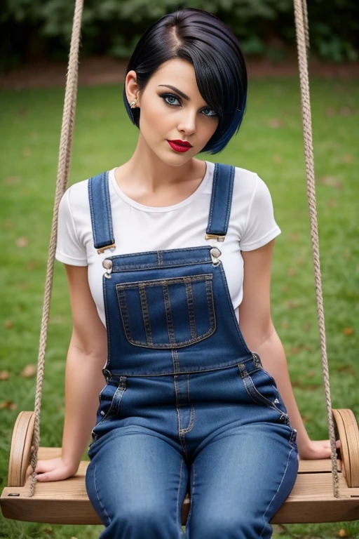 Petite 30 year old woman with golden black hair in a short undercut pixie style with hair covering one eye and blue eyes wearing eye liner, red lips, wearing a dungaree, detailed face, sitting on a swing outside