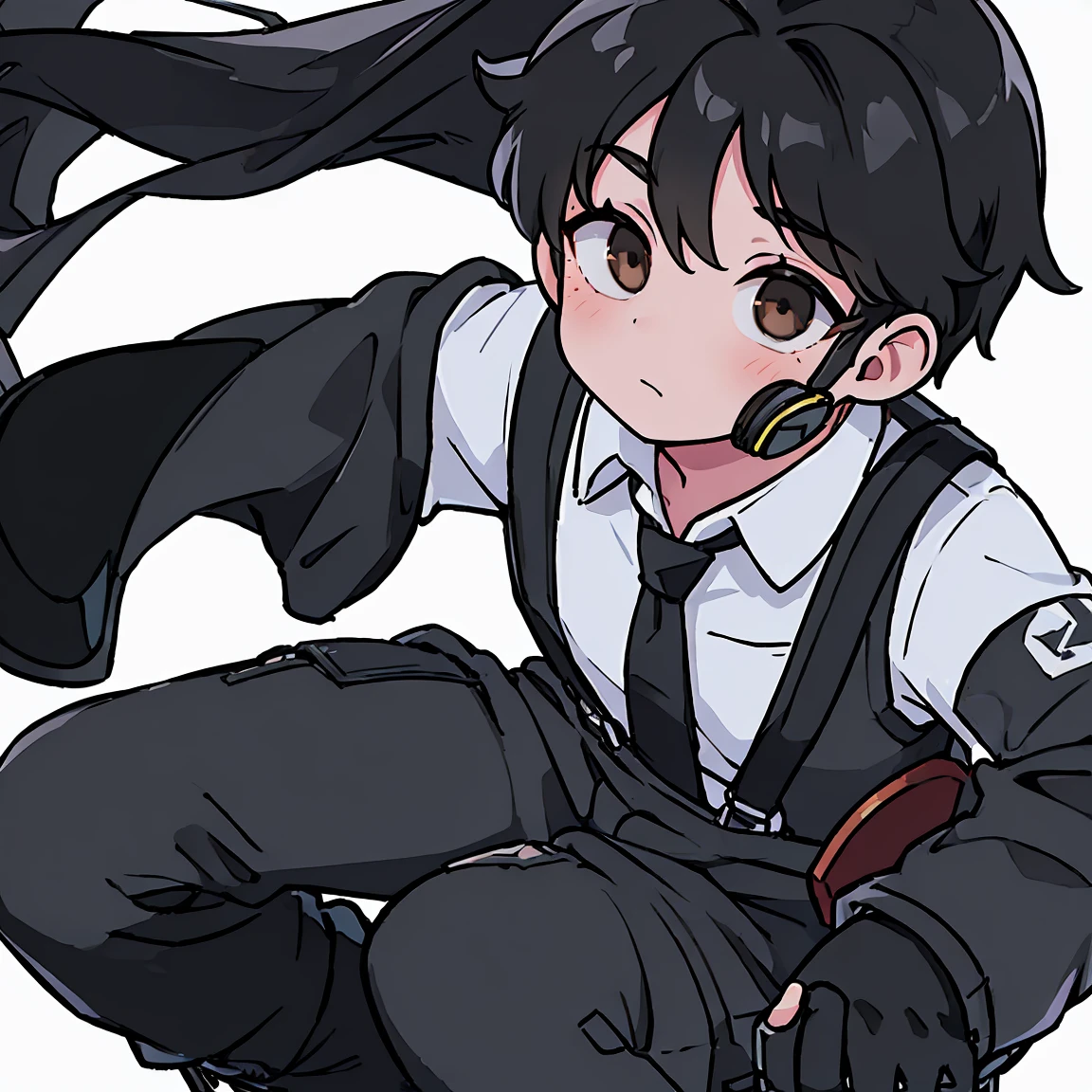 ((1boy, solo)), ((white sleeve shirt, black suspenders)), (black necktie), ((respirator)), ((black hair ferm and mullet)), (black military boots), ((brown eyes)), (muscular), ((dynamic angle))