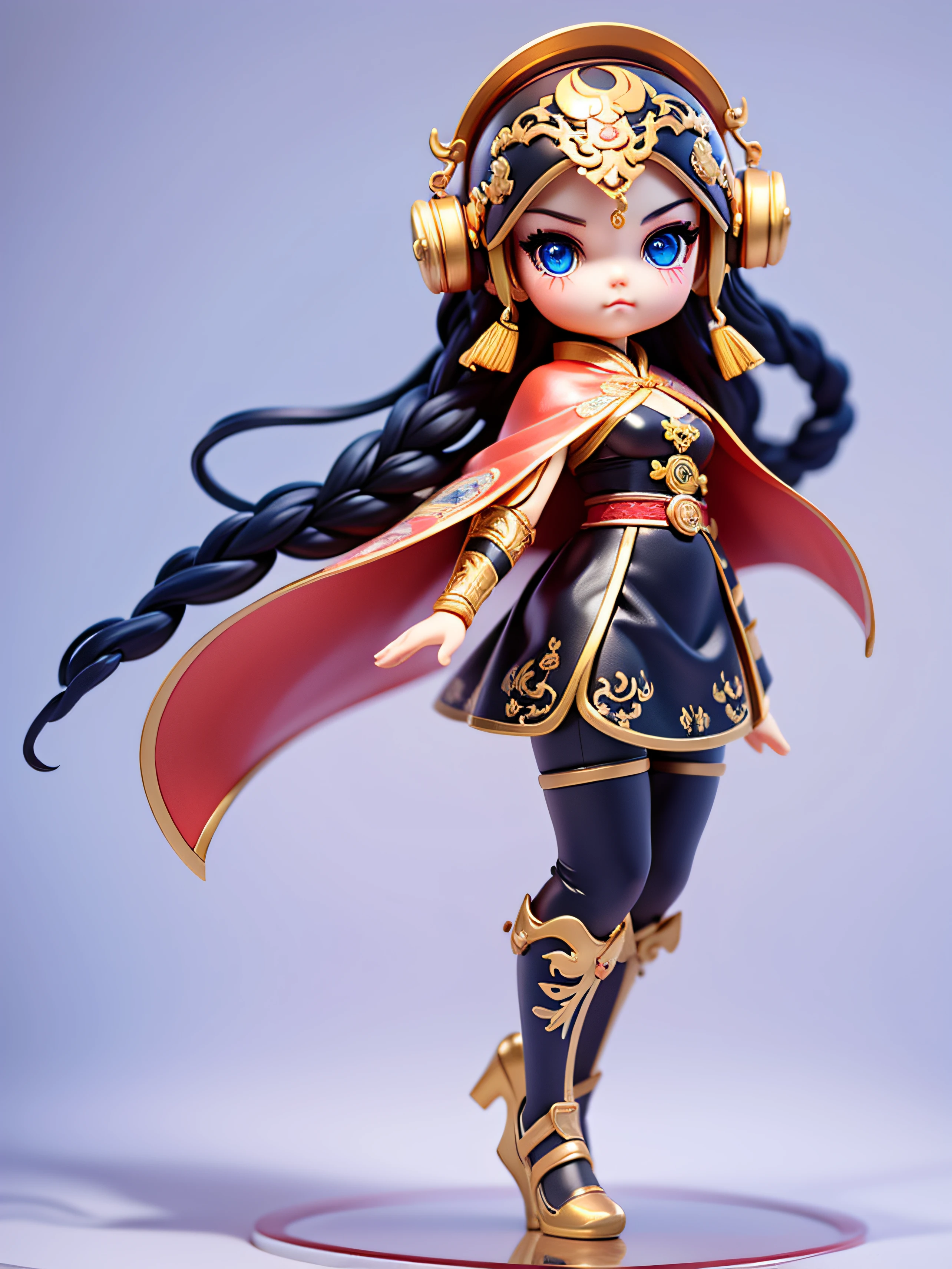 Create a collection of adorable chibi style dolls with a cute street theme, Each features tons of detail and 8K resolution. White clean background, tmasterpiece、top-quality、ultra - detailed、 3D big head figure toy man, Big Head Nendoroid 3D,, A big-headed girl,((3 years old)), toddlers,((Red cape)),frontal view。((Full body like))。black color hair。2 long braids。Wearing a red helmet。There are two slender tentacles on the top of the helmet。There are two raised eyes on both sides of the helmet. Wearing kung fu armor。One hand holds a sword,Shimmering with metallic luster.。defensive martial arts postures。Chinese Kung Fu styling。The action is dashing。The hand is 5 fingers, The correct gesture to hold the weapon.Big blue eyes。Long eyelashes.
