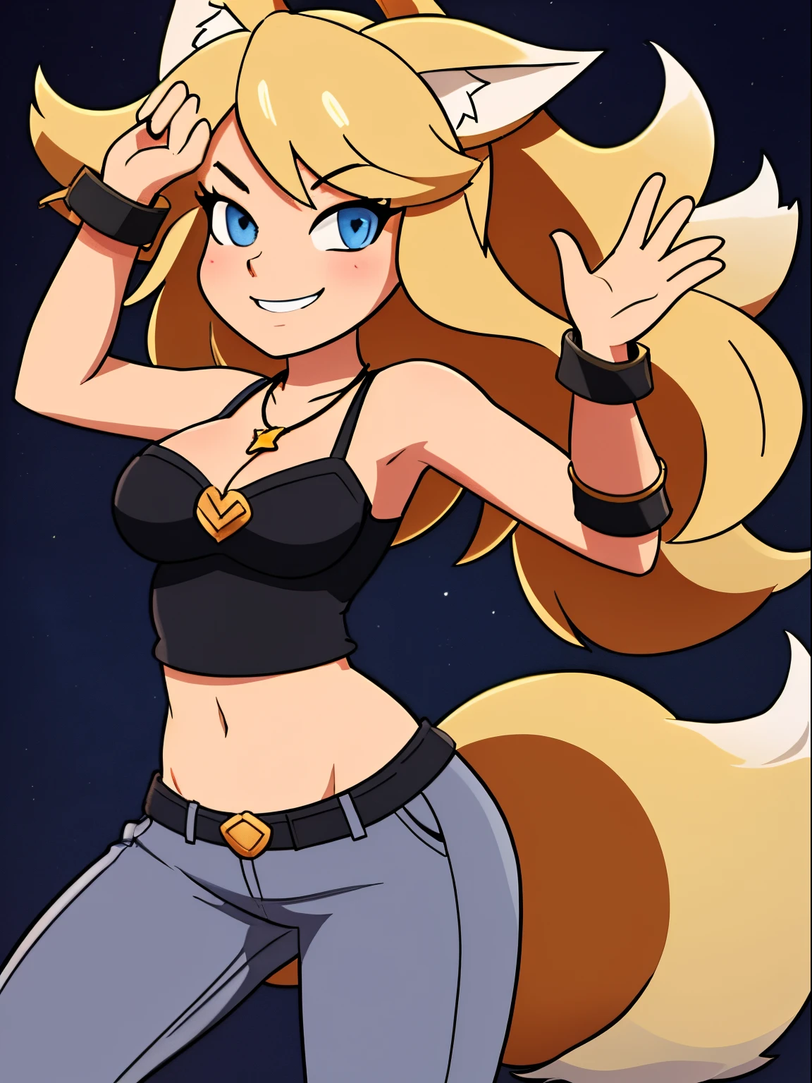 Blonde hair, blue eyes, 1girl, medium breasts, jewelry, long hair, necklace, solo, hair ornament, cleavage, sidelocks, bare shoulders, cloudy night, (dirty blond Fox ears:1.25), revealing clothes, crop top armor, short shorts armor, hair clip, bracelet, looking at viewer, (action shot, dancing: 1.25) (narrow hips & waist), simple background, mischievous face, shy smile,