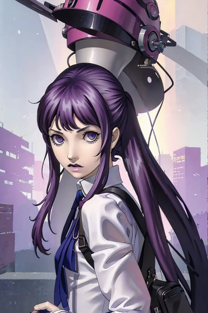 best quality, masterpiece, purple hair, girl, greyish blue eyes, full body, cute, school uniform