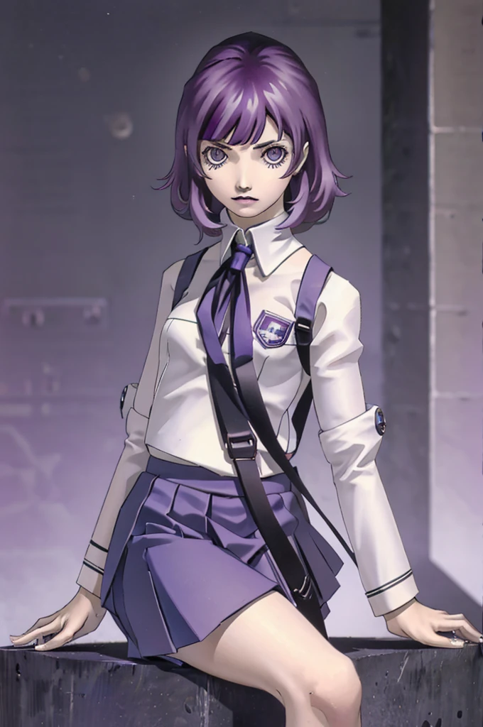 best quality, masterpiece, purple hair, girl, greyish blue eyes, full body, cute, school uniform