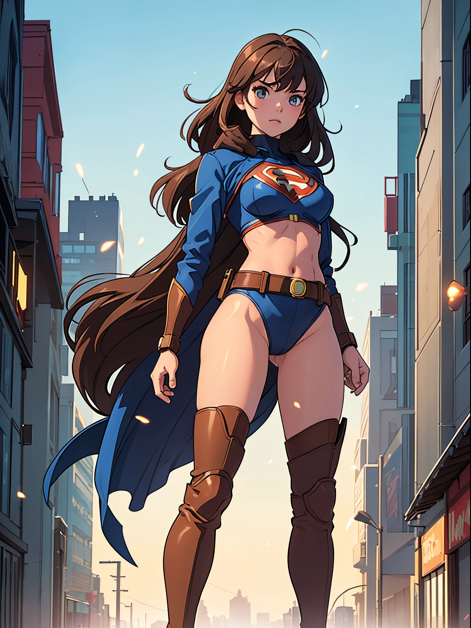 masterpiece, best quality, 1girl, superhero, leotard, bare legs, knee boots, matching boots, heroic, city backdrop, standing, glow, body glowing, full body shot, body infused with energy, light particles, solo, single, cowboy shot, perfect anatomy, hand on hip, brown hair, beautiful detailed eyes, belt