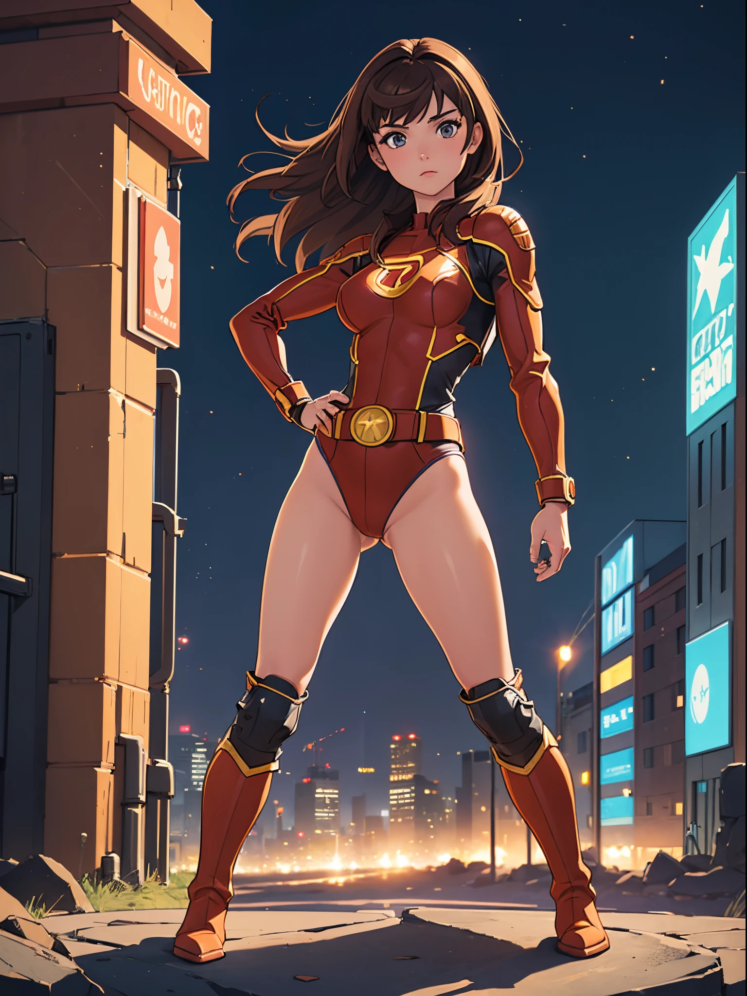 masterpiece, best quality, 1girl, superhero, leotard, bare legs, knee boots, matching boots, heroic, city backdrop, standing, glow, body glowing, full body shot, body infused with energy, light particles, solo, single, cowboy shot, perfect anatomy, hand on hip, brown hair, beautiful detailed eyes, belt