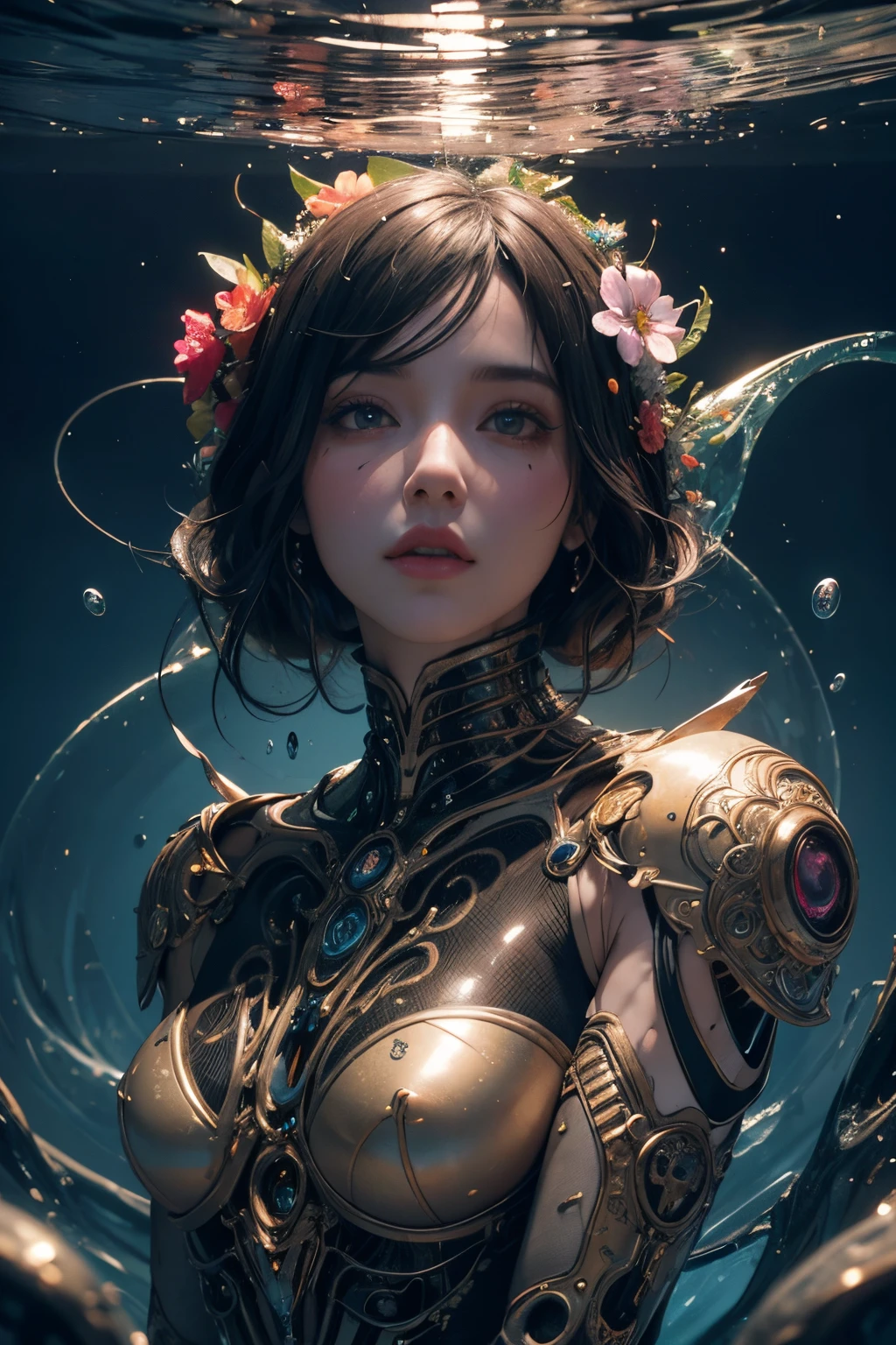biomechanical yamer style style illustration beautiful woman, colorful melting human head. acrylic bubbles and flowers, ferrofluids, water distortions. looking up, intricate abstract. intricate artwork. beeple. blend of organic and mechanical elements, futuristic, cybernetic, detailed, intricate, dark theme, (in awe:1.2), confident, (surprised:0.7), natural skin, style of Stan Manoukian, physically based unbiased rendering, natural lighting, soft shadows, extremely high-resolution details, photographic, realism pushed to extreme, fine texture, 4k, ultra-detailed, high quality, high contrast,