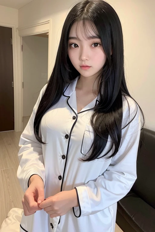 A 16-year-old high school girl with long black hair wearing pajamas..