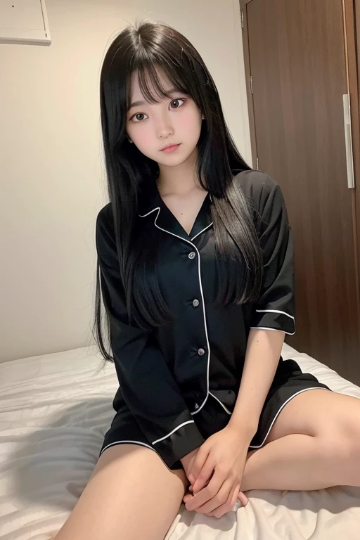 A -yeld hischool girl with long black hair wearing pajamas..