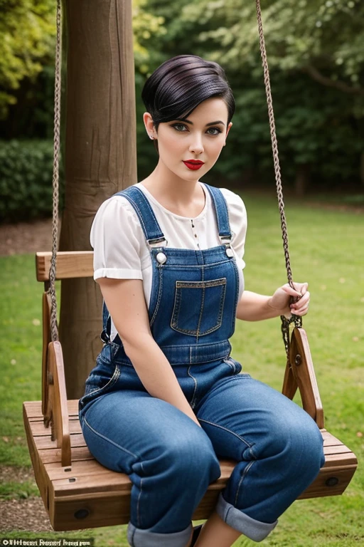 Petite 30 year old woman with golden black hair in a short undercut pixie style with hair covering one eye and blue eyes wearing eye liner, red lips, wearing a dungaree, detailed face, sitting on a swing outside