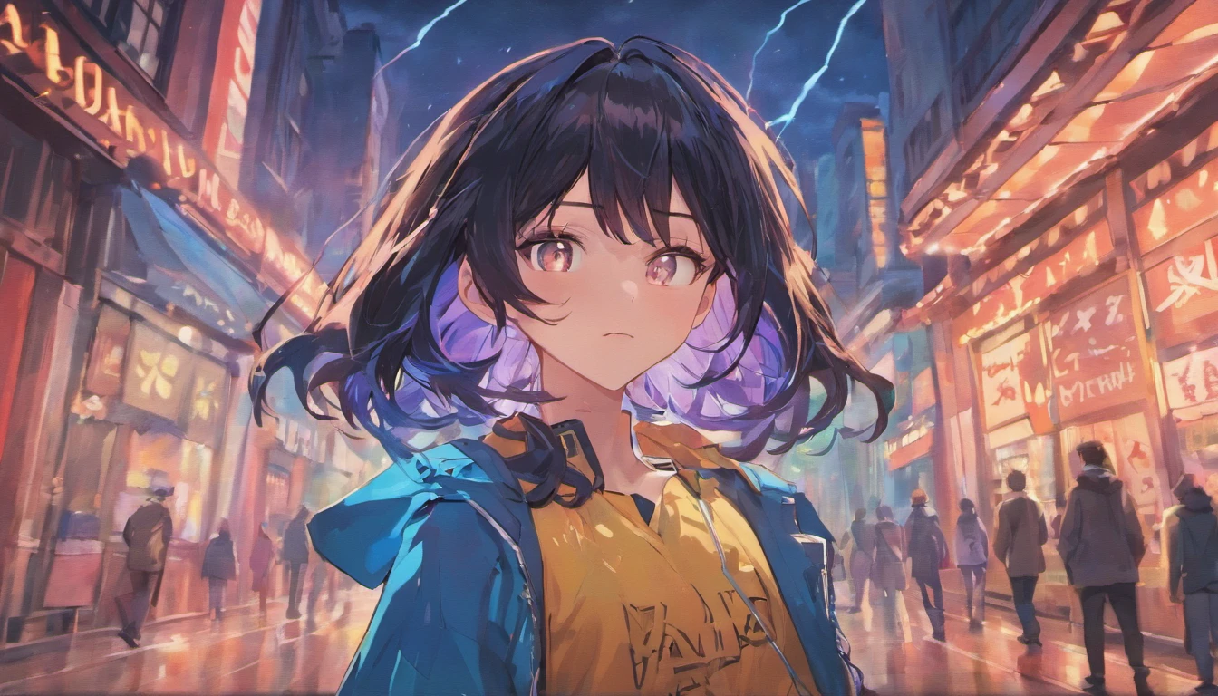 ISO from Valorant, casual street wear, lightning aura, black hair and eyes