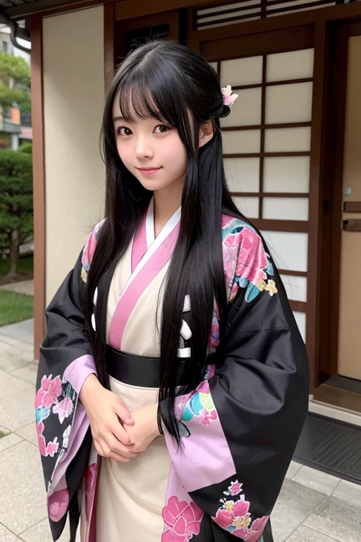 A 16-year-old high school girl with long black hair wearing a kimono..