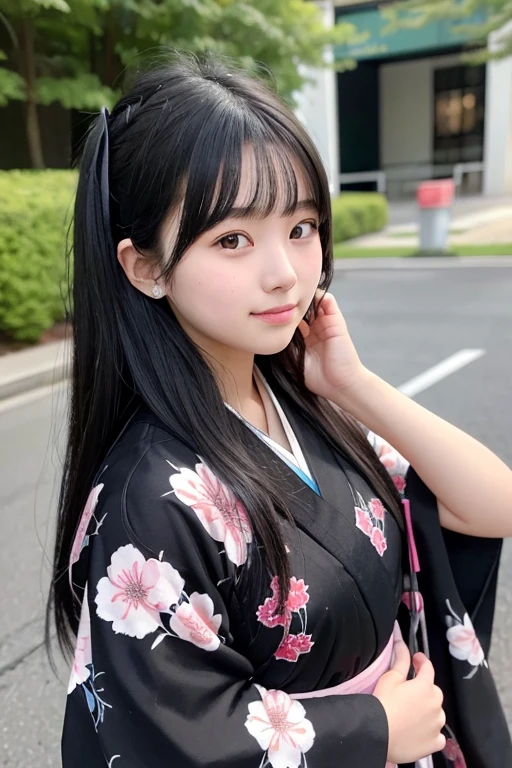 A -yeld hischool girl with long black hair wearing a kimono..