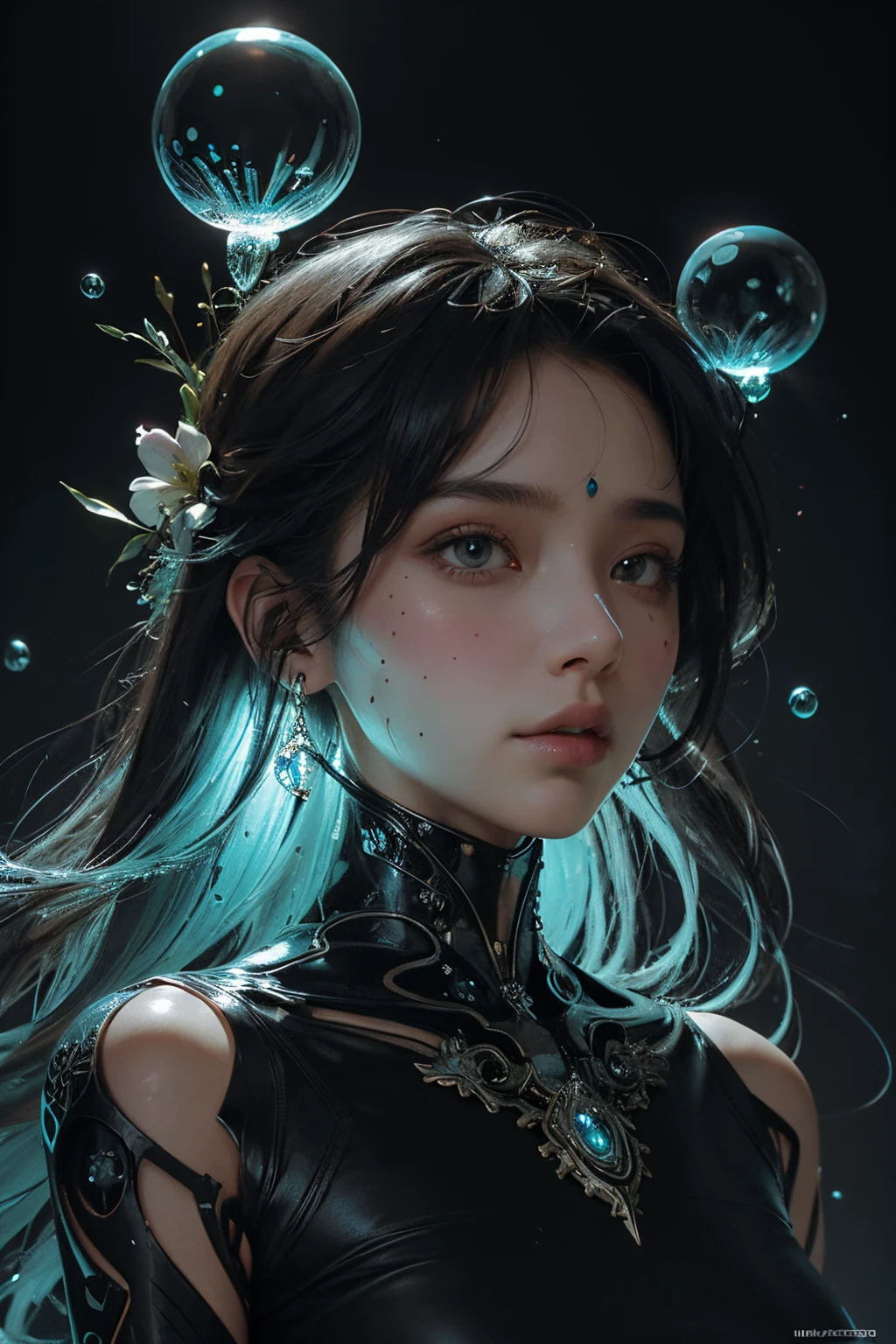 biomechanical yamer style style illustration beautiful woman, colorful melting human head. acrylic bubbles and flowers, ferrofluids, water distortions. looking up, intricate abstract. intricate artwork. beeple. blend of organic and mechanical elements, futuristic, cybernetic, detailed, intricate, dark theme, (in awe:1.2), confident, (surprised:0.7), natural skin, style of Stan Manoukian, physically based unbiased rendering, natural lighting, soft shadows, extremely high-resolution details, photographic, realism pushed to extreme, fine texture, 4k, ultra-detailed, high quality, high contrast,
