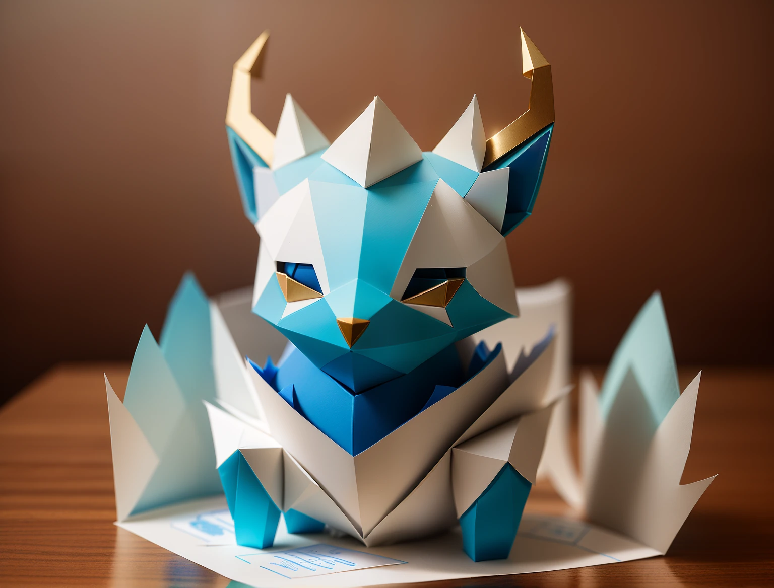 Mountain and Sea Sutra,Chinese style,The Chinese characters,Delicate blue antlers on head,White and blue paper deer,Water droplets surround,paper craft low poly, paper art, Fox style white fur, Papier-mâché art, Elemental guardian of life, made of cardboard, glowing light eyes!! iintricate, paper art, made of paper, made of paper, ocean spirit, The art of layered paper, inspired by noami, paper cut out, Detailed fanart