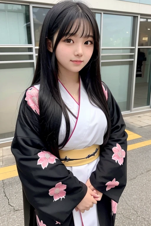 A 16-year-old high school girl with long black hair wearing a kimono..