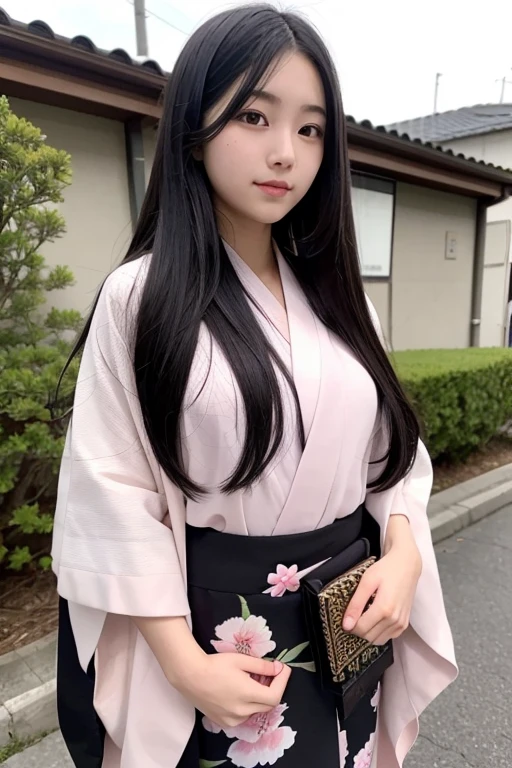 A 16-year-old high school girl with long black hair wearing a kimono..