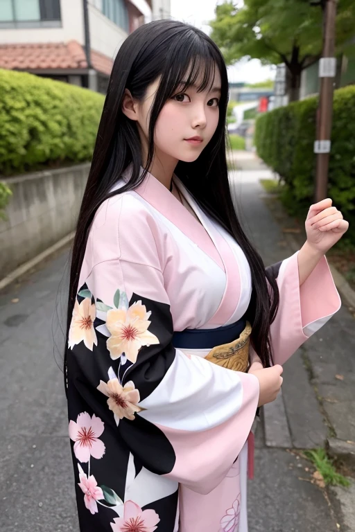 A 16-year-old high school girl with long black hair wearing a kimono..