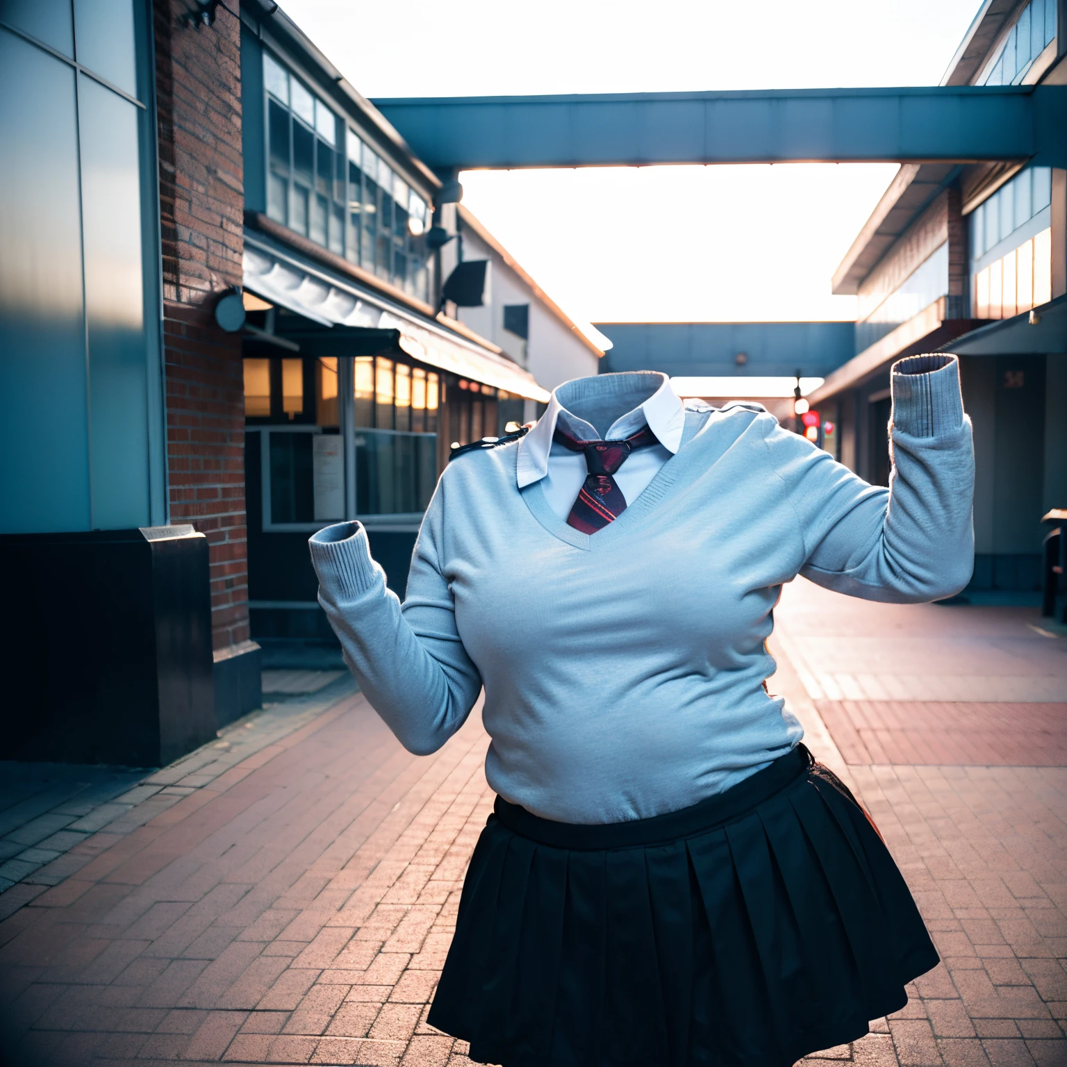 chubby, fat, school uniform, school tie, going home from school, (Seductive pose, happy pose), (invisible:1.5, no humans:1.5, headless:1.5, faceless:1.5), (cute big breasts), (8k, RAW photo, best quality, masterpiece:1.2), (realistic, photo-realistic:1.37), photon mapping, radiosity, ((Hasselblad photography)), physically-based rendering