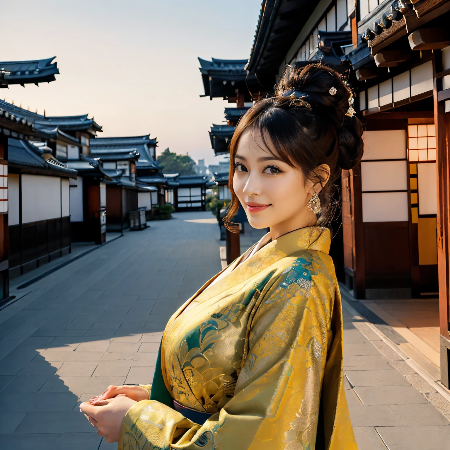 ((top-quality、masutepiece、8K、Top image quality、Very complex and detailed details、Very vivid、a high chroma))、(1 photo:1.5)、(Close-up photo of a woman :1.5)、(Take a photo from the upper body of the princess:1.5)、(Princess is nearby、Gorgeous cityscape with depth in the background:1.5)、((1 Princess、empress、dark sunset sky、Princess of the Heian period、perfect chignon、Mainly female close-ups、Standing in a gorgeous city、High class courtesan kimono))、(((Atmosphere of the Heian period、Beautiful Niwa-lacquered pillars、gorgeous city、The most luxurious royal palace of the Heian period、A huge and majestic Niwa-lacquered building、Beautiful and perfect Heiankyo、beautiful and luxurious tiled roof、many luxurious buildings、Lots of buildings、Sparkling sunset、Beautiful sunset、Fantastic sunset、spectacular dark sunset、sparkling dark sunset、spectacular movie lighting、the most luxurious capital、luxurious and luxurious building、Complete reproduction of the splendid Heian capital、The perfect capital of Heiankyo、luxury city、Townscape of the Heian period、Perfect reproduction of Japan、Heian period)))、(View me、Look at viewers、A smile)