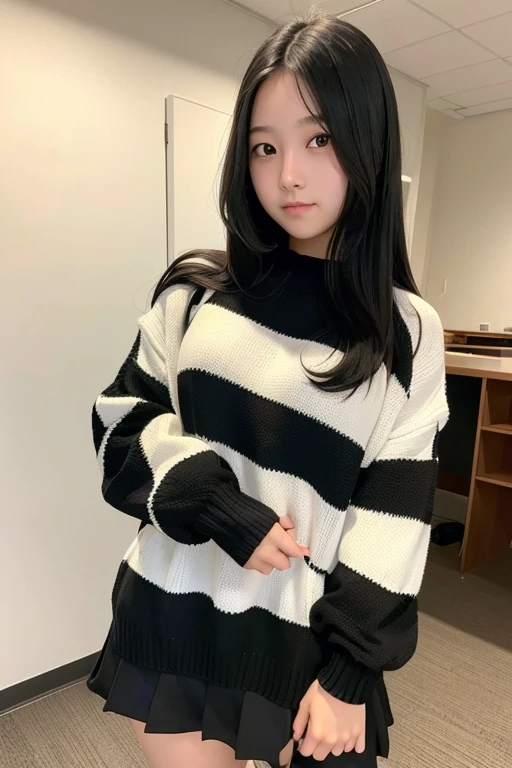 A 16-year-old high school girl with long black hair wearing a virginity-killing sweater.
