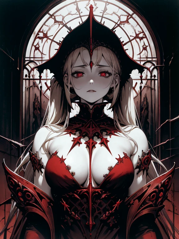 pale young divine gothic priestess, twintails, pure white skin, rust decay, Beautiful full body symmetrical portrait, Delicate blonde hairstyle, crimson eyes, dark red elegant gothic armor, encrusted with red gems, dark cathedral, masterpiece, Highest image quality, super detailing, upscaled, art by Zdzislaw Beksinski, art by H.R. Giger, absurdres, highres, (official art, beautiful and aesthetic:1.2), real, 4k, 8k,