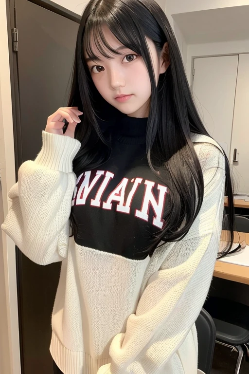 A 16-year-old high school girl with long black hair wearing a virginity-killing sweater.
