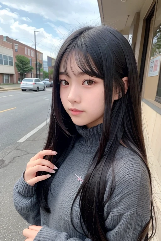 A 16-year-old high school girl with long black hair wearing a virginity-killing sweater.