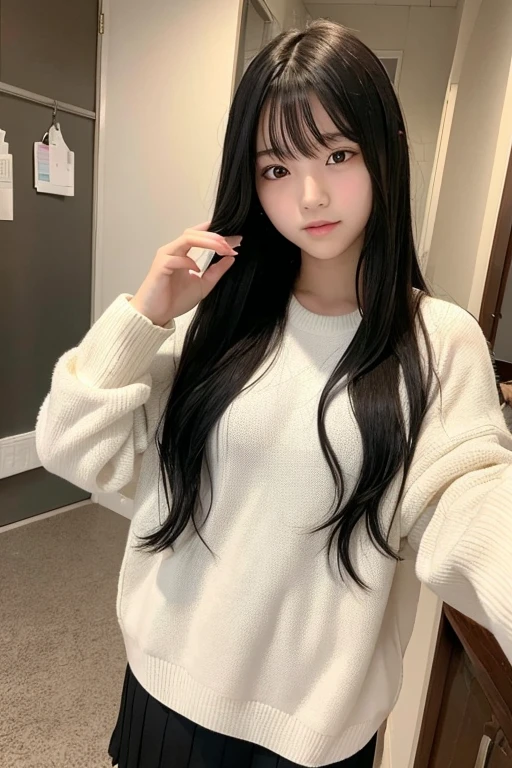 A -yeld hischool girl with long black hair wearing a virginity-killing sweater.