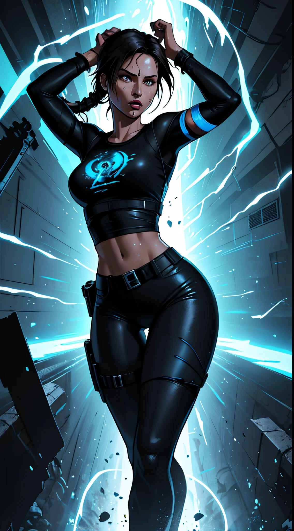 vector t shirt design, vector illustration, abstract representation of the resurrection of lara croft from Tomb Raider. A burst of bright, swirling black and blue colors emanating from an empty tomb, symbolizing new power and justice. Attire leather black