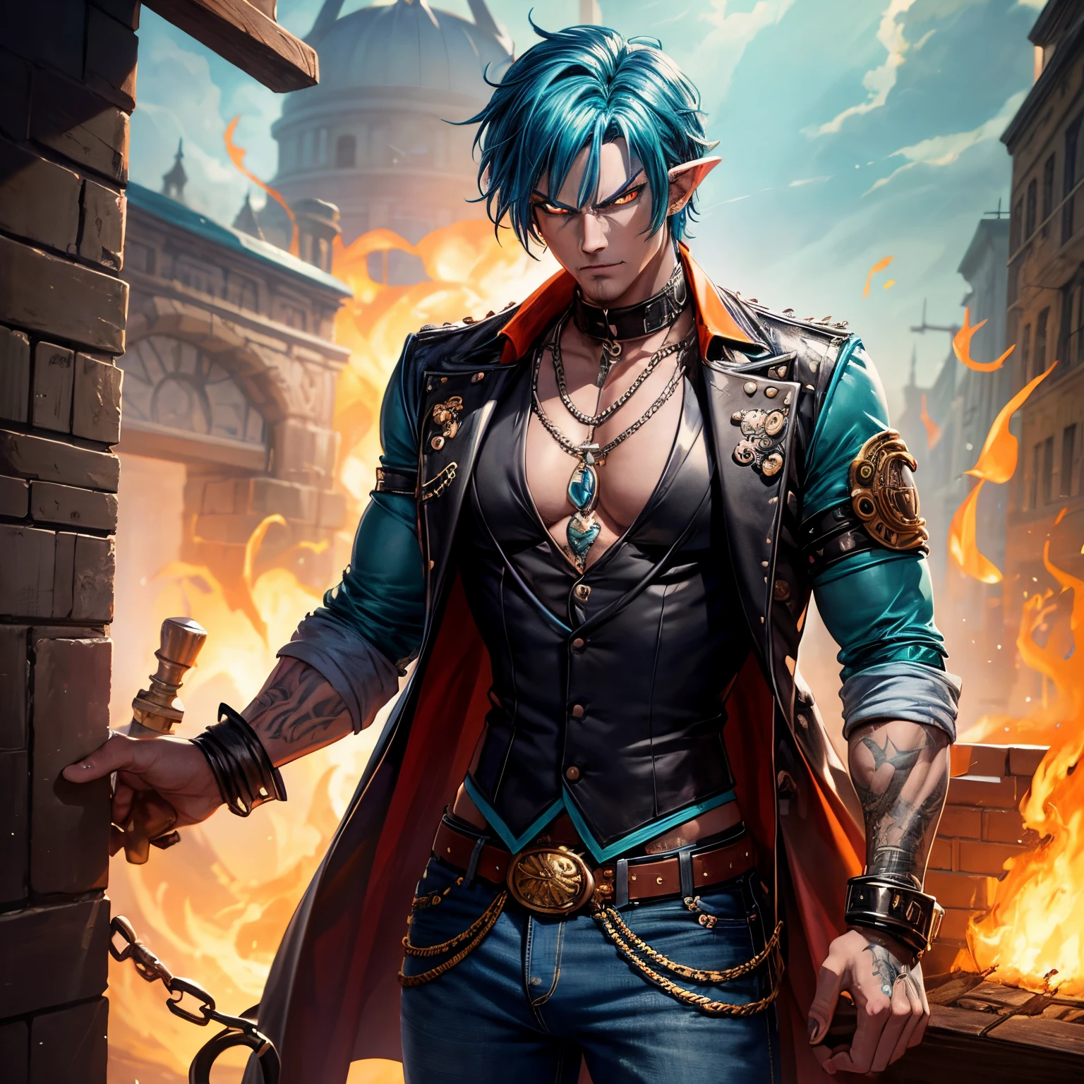 (absurdres, highres, ultra detailed), 1 male, young man, tan skin. eyepatch on right eye, blue hair, dramatic lighting, detailed, masterpiece, standing in front of the castle, sunset light, red and orande sunset tones