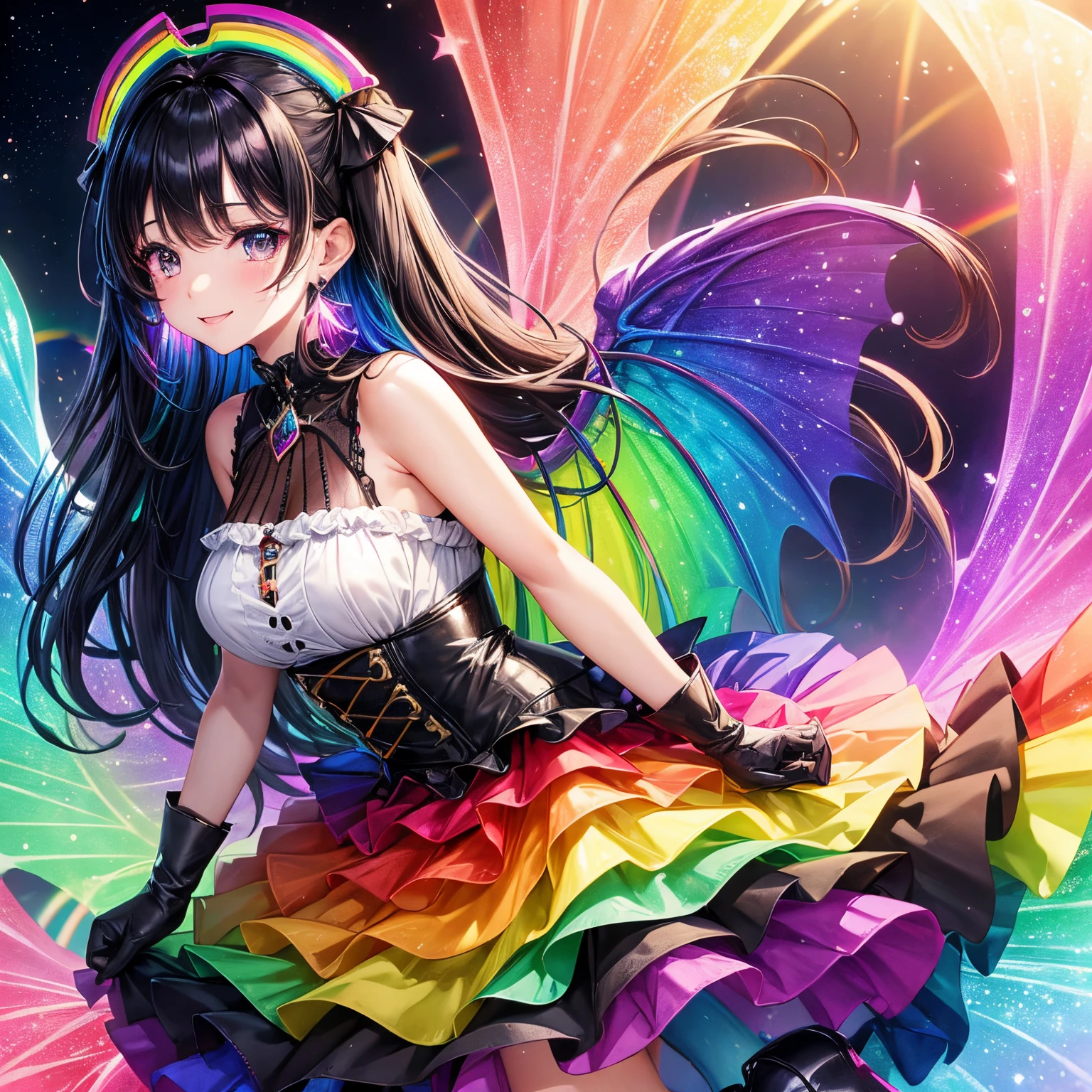 one girls、animations、Fantasy world background、hightquality、high-level image quality、animesque、Light black hair、Longhaire、Ash gray eyes、BREAK ((Colorful, Vivid Color):1.3), (like a hologram々tome'It's a bright colored dress:1.5), ((rainbow crinoline, Multilayer skirt in rainbow colors):1.4), (Gothic lolita:1.2), (lace-up:1.2), ((Sleeveless, Bare shoulders):1.2), (Rainbow Fairy Wings:1.3), BREAK (Platform High Boots:1.1), (Long gloves:1.2), ((earrings, Riman):1.2),A smile、