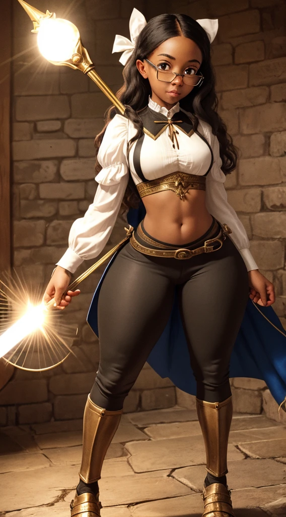 Nerdy black girl wearing a low-cut medieval blouse, tight medieval pants, medieval shoes, with prescription glasses and a bow of light in her hands. Perfect body, proportional breasts, proportional butt, shapely legs, tattoo of a white eagle on the arm, blue and active eyes, full and delicate mouth, proportional ears, full cheeks, round face. Medieval environment, in a Battle pose with his bow of light in his hand, full body, 1.55 tall.