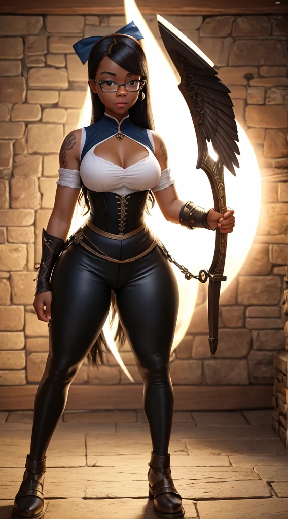 Nerdy black girl wearing a low-cut medieval blouse, tight medieval pants, medieval shoes, with prescription glasses and a bow of light in her hands. Perfect body, proportional breasts, proportional butt, shapely legs, tattoo of a white eagle on the arm, blue and active eyes, full and delicate mouth, proportional ears, full cheeks, round face. Medieval environment, in a Battle pose with his bow of light in his hand, full body, 1.55 tall.