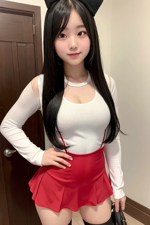 A 16-year-old high school girl with long black hair wearing a  one-piece Santa suit