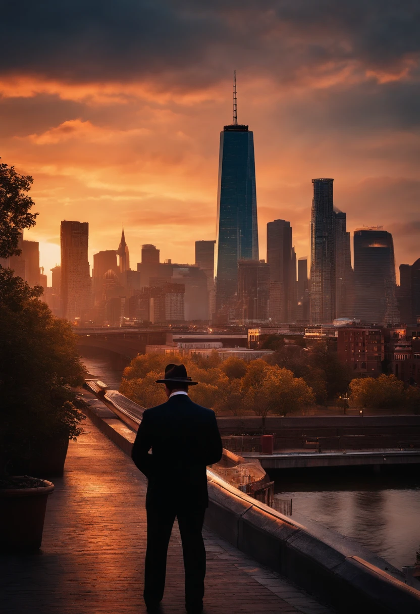 A photo of a stunning city skyline at dusk,original,Overweight, wears fedora, neck beard, bad skin, bloodshot eyes, bad hygiene, greasy hair