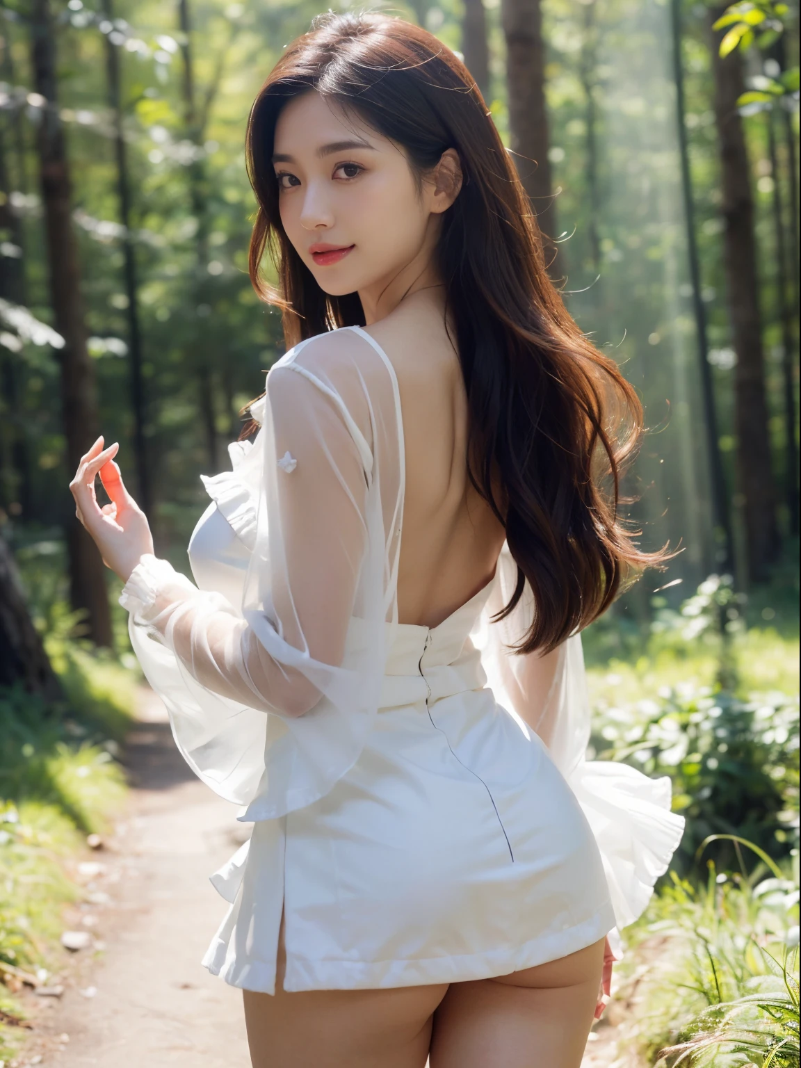 ((((top-quality))))、(((Ultra Precision CG16K Wallpapers)))、(((​masterpiece)))、(((ultra-detailliert)))、(((Ultra-extreme details)))、１Man Woman、a matural female、a 25yo woman、((Japanese face))、((extremely beautiful face))、((sasaki nozomi:1.5))、((Wave Perm、semi long hair:1.3))、(shinny hair)、Bangs up to the eyebrows、Beautiful brown hair、Beautiful delicate eyes、Brown eyes、raised eyebrows、lofty nose、small nostrils、seductive lips、slightly open mouth、Beautiful breasts、C-cup size breasts、cleavage of the breast、Plump body、perfectly proportions、perfect anatomia、perfect-composition、beautiful detailed shading、Beautiful natural lighting、Beautiful detail glow、depth of fields、(((a high chroma)))、(((realisitic:1.9)))、((Vivid:1.4))、((Beautiful skin))、((Skin texture))、((Realistic skin feeling))、(((cowboy  shot:1.5)))、((Angle seen from behind:1.3))、((a smile:1.3))、(Eyes looking at me)、Bright sunshine、(((walking around in a forest:1.5)))、(Blur the background)、(((White see-through miniskirt dress with open chest:1.5)))、((frills skirt:1.5))、