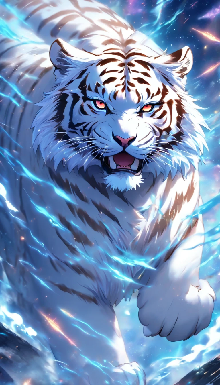 (best quality,4k,highres,masterpiece:1.2),ultra-detailed,realistic:1.37,sacred majestic white tiger portrait,pencil sketch on a flat surface,fierce battle scene in a cosmic universe,punk style,weathered paper texture,mech-inspired artwork,incorporating intricate Chinese elements