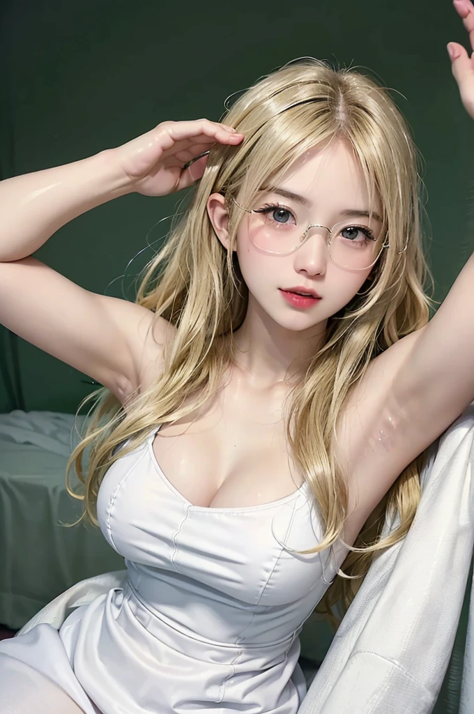 (Best quality, 8k, 32k, Masterpiece, UHD:1.2),Photo of Pretty Japanese woman, 1girl, glasses, (long blonde hair), (arms up, armpit), (large breasts), double eyelid, white transparent veil, hospital, patient's room, upper body, sexy