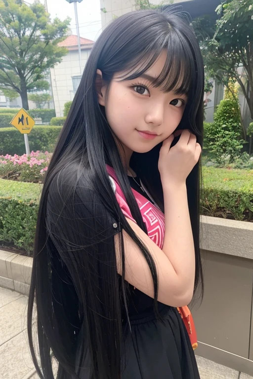 A -yeld hischool girl with long black hair wearing a miko