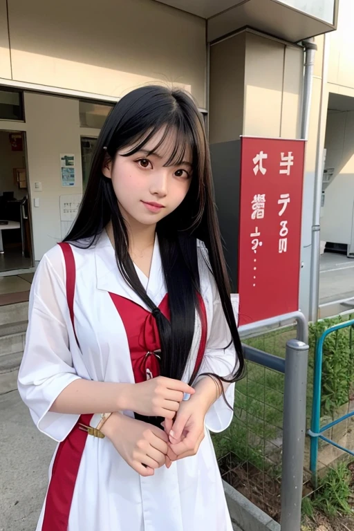 A 16-year-old high school girl with long black hair wearing a miko