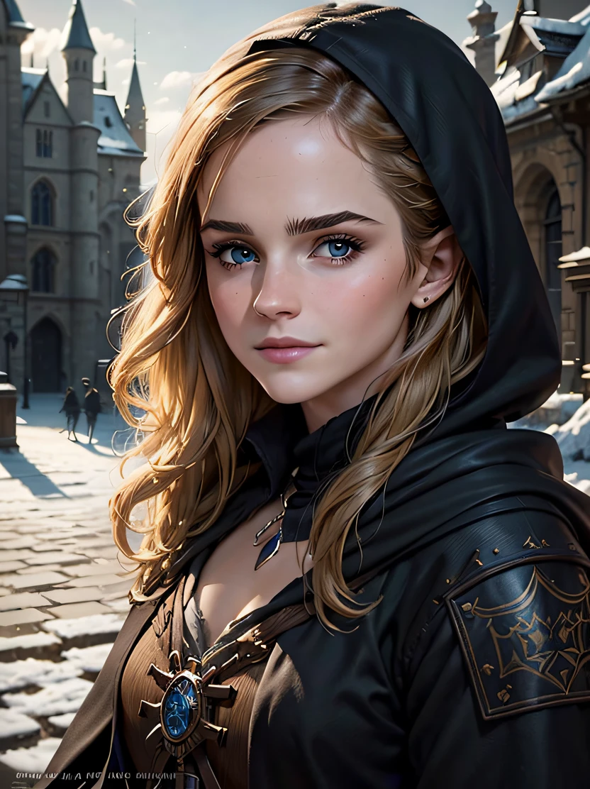 (((masterpiece、top-quality、ultra-detailliert、ighly detailed)))、Unique lighting effects、cowboy shot、face lights、(((Portrait of a 40 year old female wizard)))、cowboy shot、femele、Emma watson、Elegant person、slender physique、Sorcerer、Black magician's robe with delicate and intricate pattern(Hooded)Wearing、(Wearing a black hood)、Dirty Blonde Hair、Big blue eyes、Detailed face and eyes、Sharp eyes、Focus from the waist up、A slight smil、Detailed hand depiction、dark winter afternoon、University Auditorium、Medieval city gate behind、Fantasyart、dark fantasy vibe、Dynamic action、watching at viewers