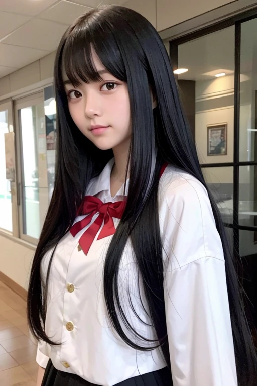 A 16-year-old high school girl with long black hair wearing a miko