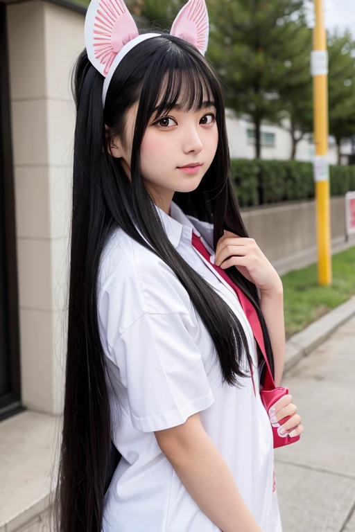 A 16-year-old high school girl with long black hair wearing a miko