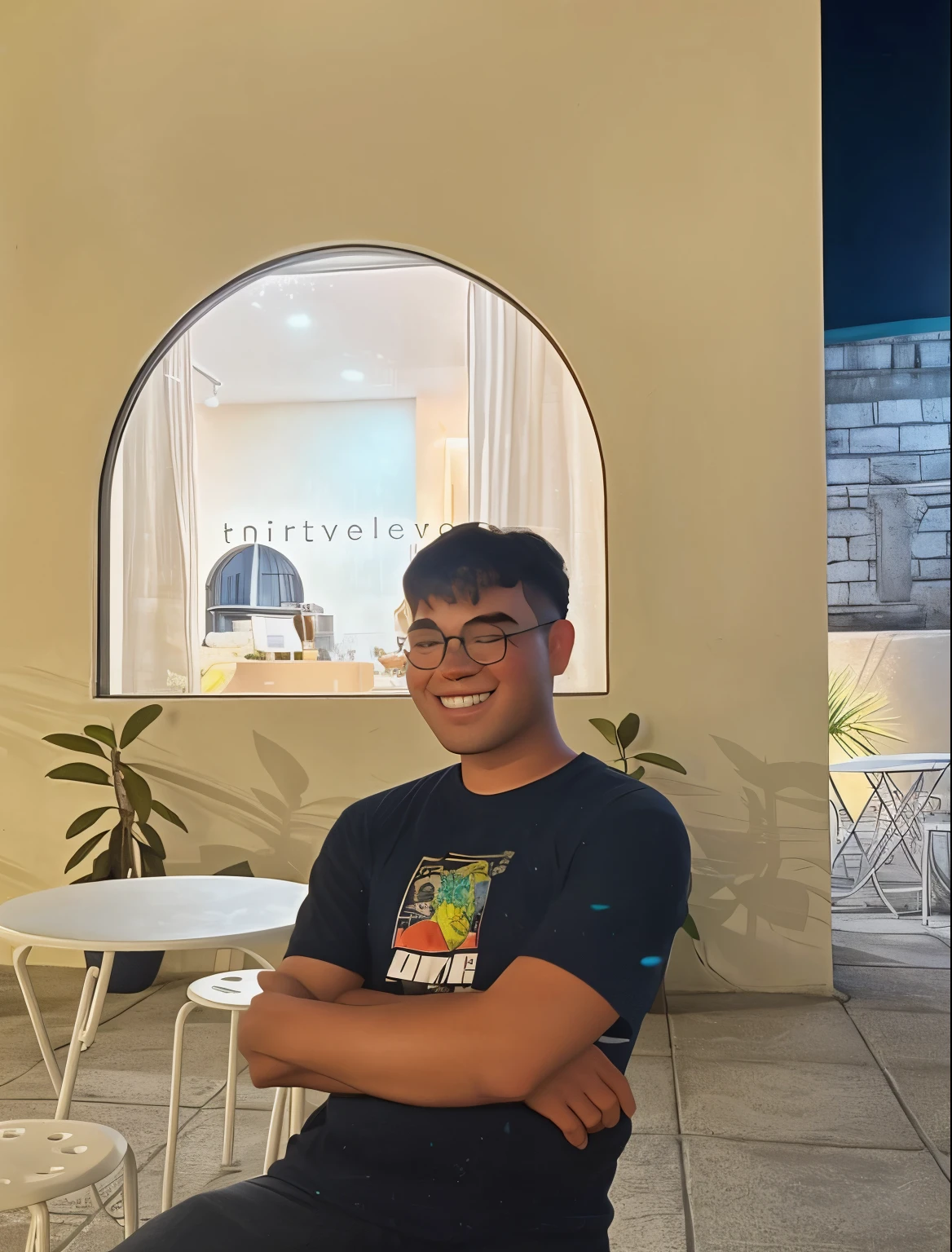 there is a man sitting on a chair in a patio area, he is! about 3 0 years old, he is about 30 years old, he is about 3 0 years old, he is about 2 5 years old, he is 3 5 years old, solo portrait 🎨🖌️, he is about 2 0 years old, he is about 20 years old, disney pixar 3d cartoon
