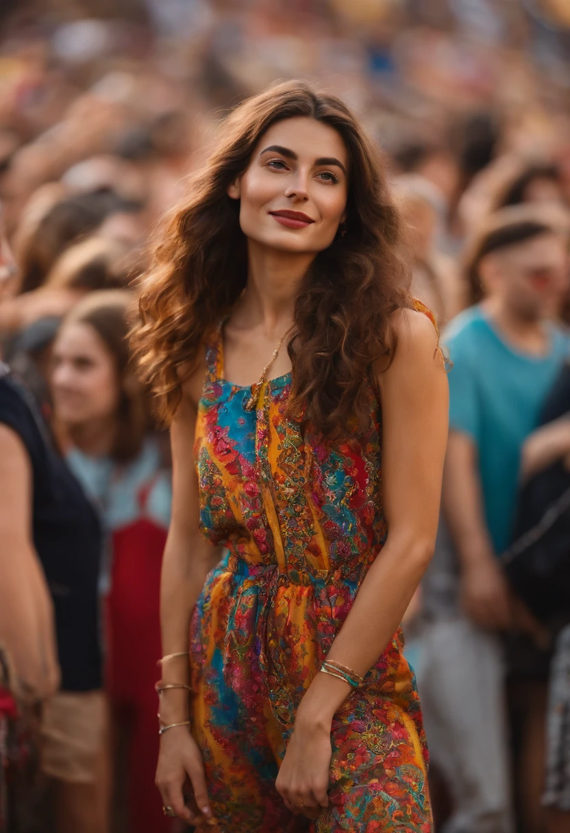 Amelie poses in front of a colorful and diverse crowd at a music festival, she's wearing a funky jumpsuit,original,Amelie is a beautiful fashion model. She has long brown hair and is 5’9 inches tall.