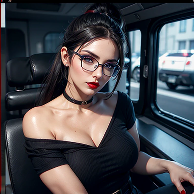 European woman, 30 years old, There is an adult woman , police department, police officer, glasses, Dark hair, red lips, Eye shadow, slutty makeup, Ponytail, beautiful chest, big breasts,Second Life Avatar, Beautiful screenshot, Second Life, front view view, bottom view, attractive woman, high quality, highly detailed skin