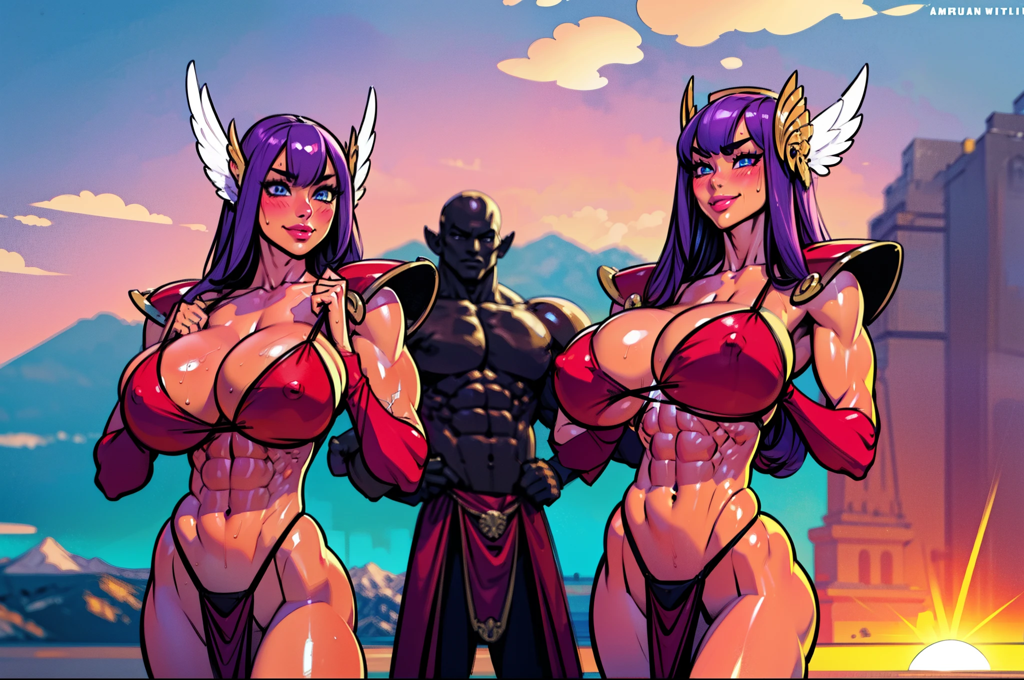 (masterpiece:1.2), (best quality:1.2), perfect eyes, perfect face, volumetric lighting, 1girl, 1boy mature female, hand on hip, flexing biceps, long hair, purple hair, seductive smile, blush, sweat, bikini armor, soldier \(dq3\), winged helmet, red armor, abs, toned, wide hips, thick thighs, huge breasts, sky, detailed background, ((sunset ambiance light:1.0))
