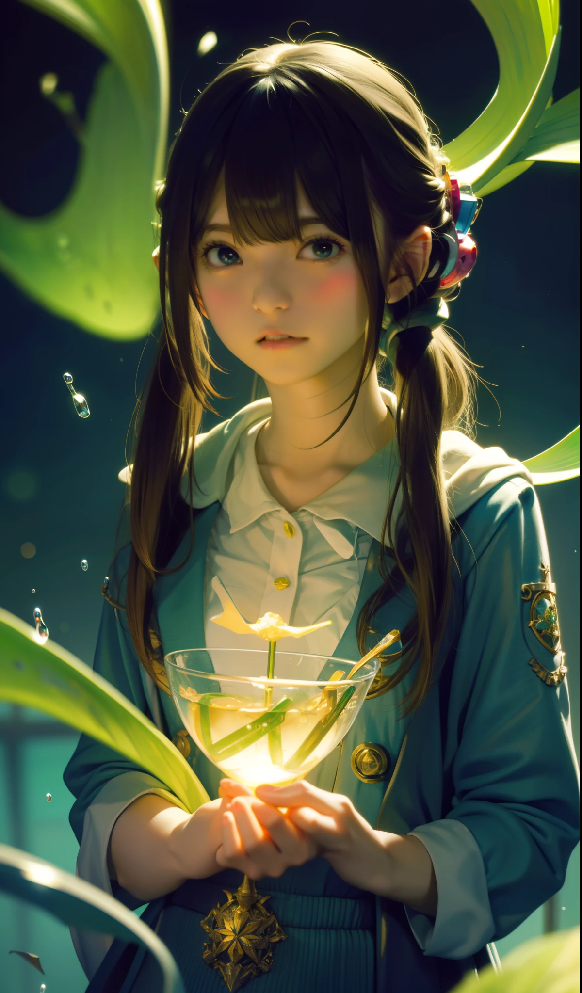 tmasterpiece, A high resolution, Beautiful girl in anime style, in dirty beaker, In ingress liquids, gnome, Magic Array, Small room with phosphorescent flash, Perfect beautiful girl, , glowing from within, stare at the viewer, giggles, 3Drenderingof, opinion, Stunning anime illustrations, Impressive lighting, Excellent, dangerous, monstrous