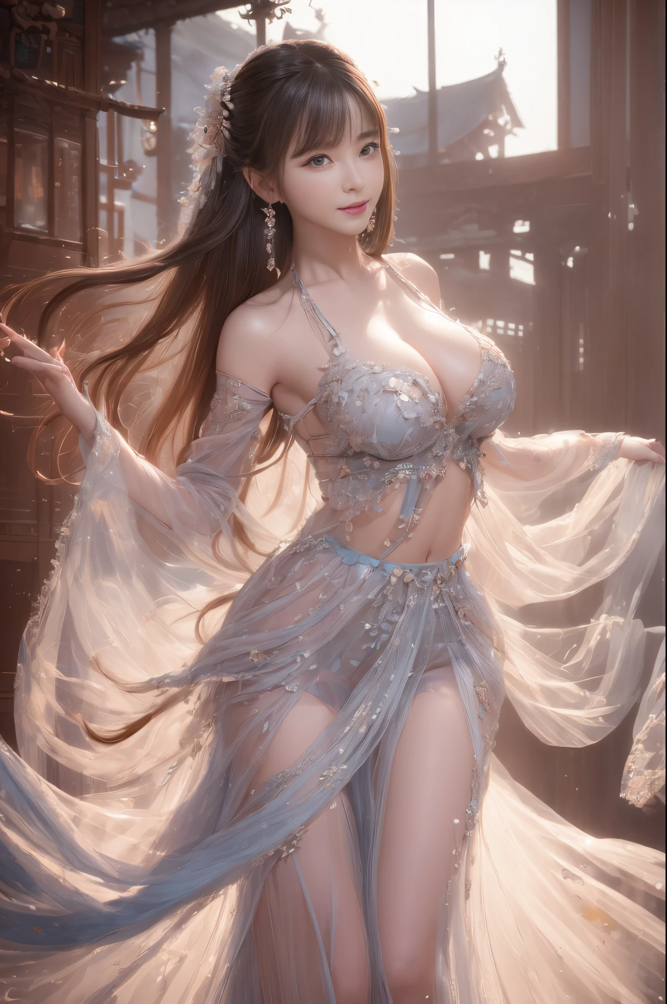 Delicate 3D PVC model of a cute young girl、Precise anatomical body、Gaze towards the viewer、Soft smooth lighting、Soft pastel colors、3D Icon Clay Rendering、35 mm lens、3D Blender Rendering、Polycount trends、Modular constructivism、(Beautiful silk dresses、Dance with one leg raised) 、The dress is dancing beautifully、)、(frombelow: 1.5)、perfectly proportions、美丽的面容、A detailed face、big eye、Plump lips、perfectly proportions、large full breasts、big breasts thin waist、Navel、big butts、Crotch gap、thick thight 、Happiness、A delightful、happy mood、