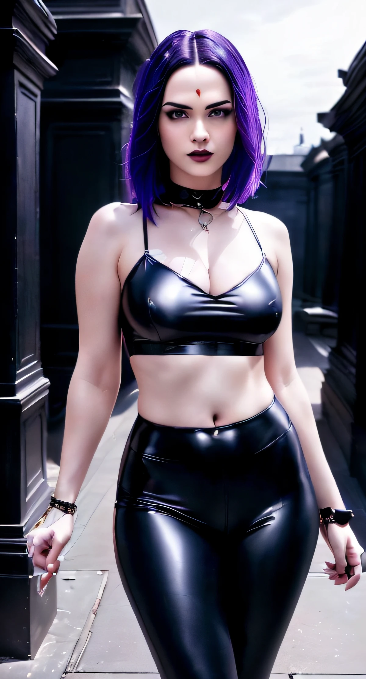 Beautiful woman with purple hair, identical to RAVEN from TEEN TITANS, wearing a tight transparent black blouse and black pants posing for a photo, Gothic model, photorealistic perfect body, perfect body, cinematic goddess body shot, cinematic body shot, sexy body, Hot body, sporty physique.